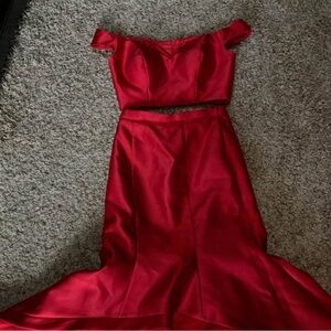 Xscape Red Satin Evening Dress - Off-Shoulder Two-Piece Look